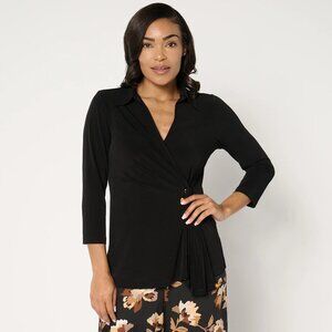 Susan Graver Liquid Knit Faux-Wrap Cascade 3/4 Sleeve Top - Size M a677174